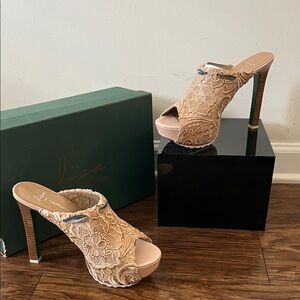 Donald J. Pliner Beige Lace Peep-Toe Heels